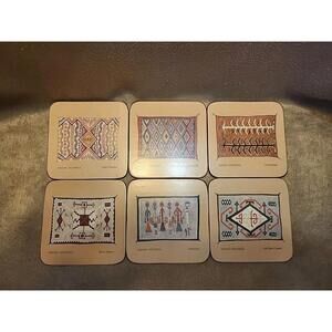 Vintage Native American Art Pimpernel Cork Back Navajo Weaving Coasters Set 6
